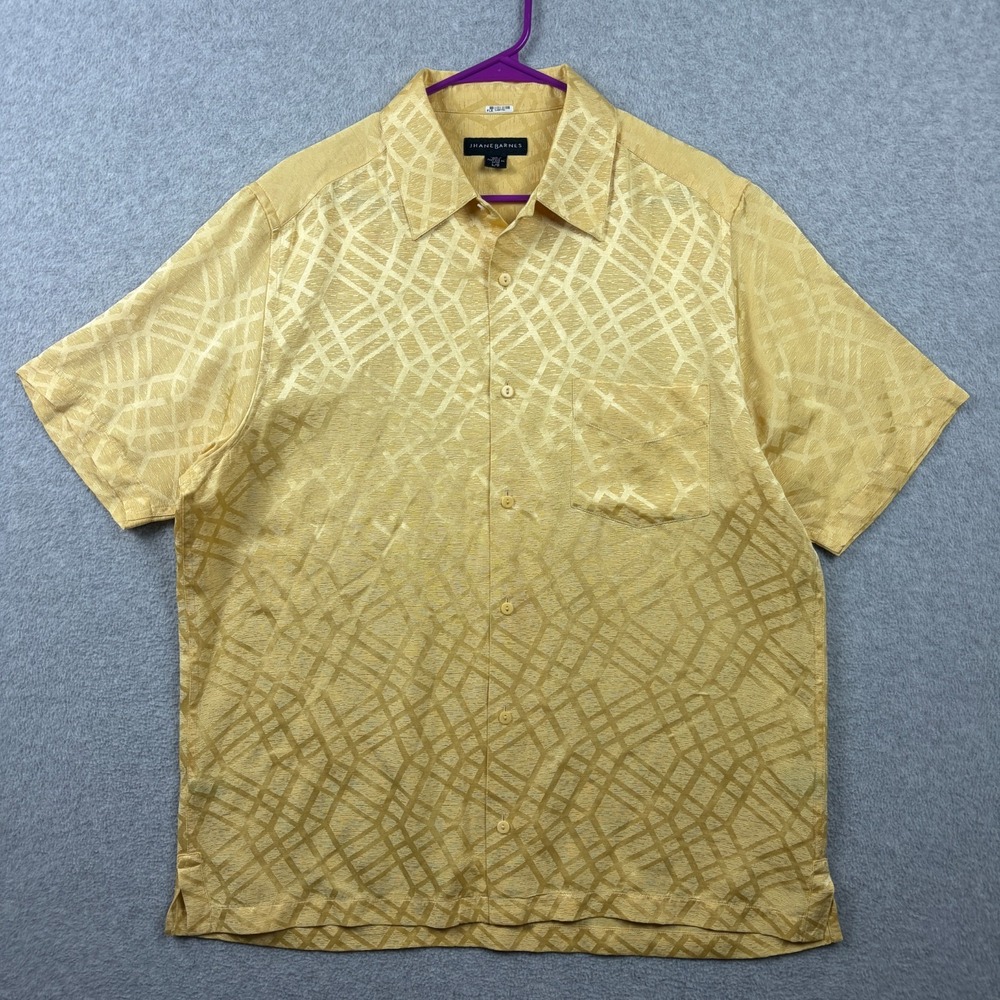 Jhane Barnes Shirt Mens Large Gold Yellow Shiny Silk Linen Geometric Button Up